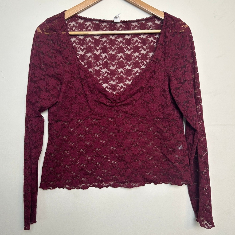BP Floral Lace Ruched V-Neck Long Sleeve Top Burgundy XL Whimsigoth